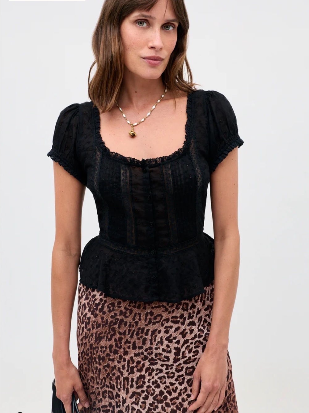 RIXO Black Eyelet Peplum Blouse